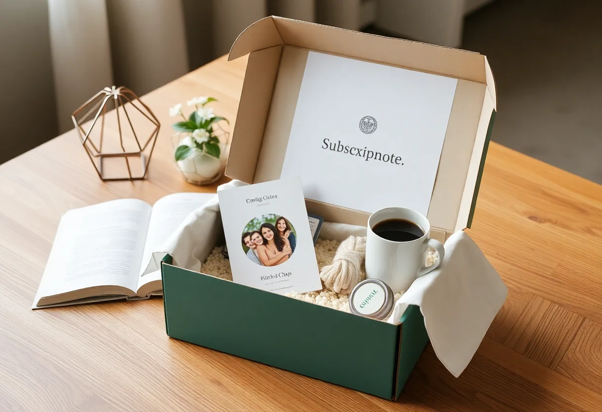 A beautifully arranged subscription box with a book, a coffee cup, and decorative items on a wooden table.
