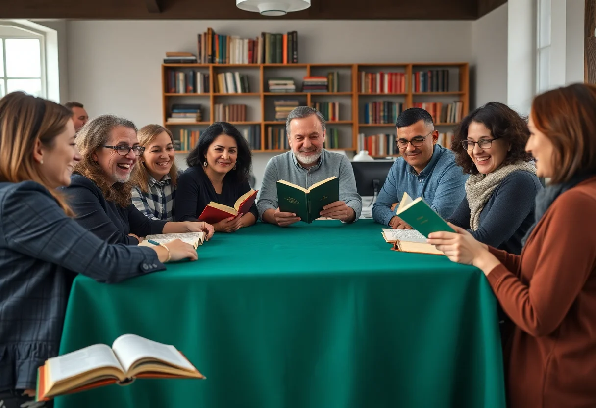 A diverse group of people sitting around a table, engaged in a lively book club discussion.