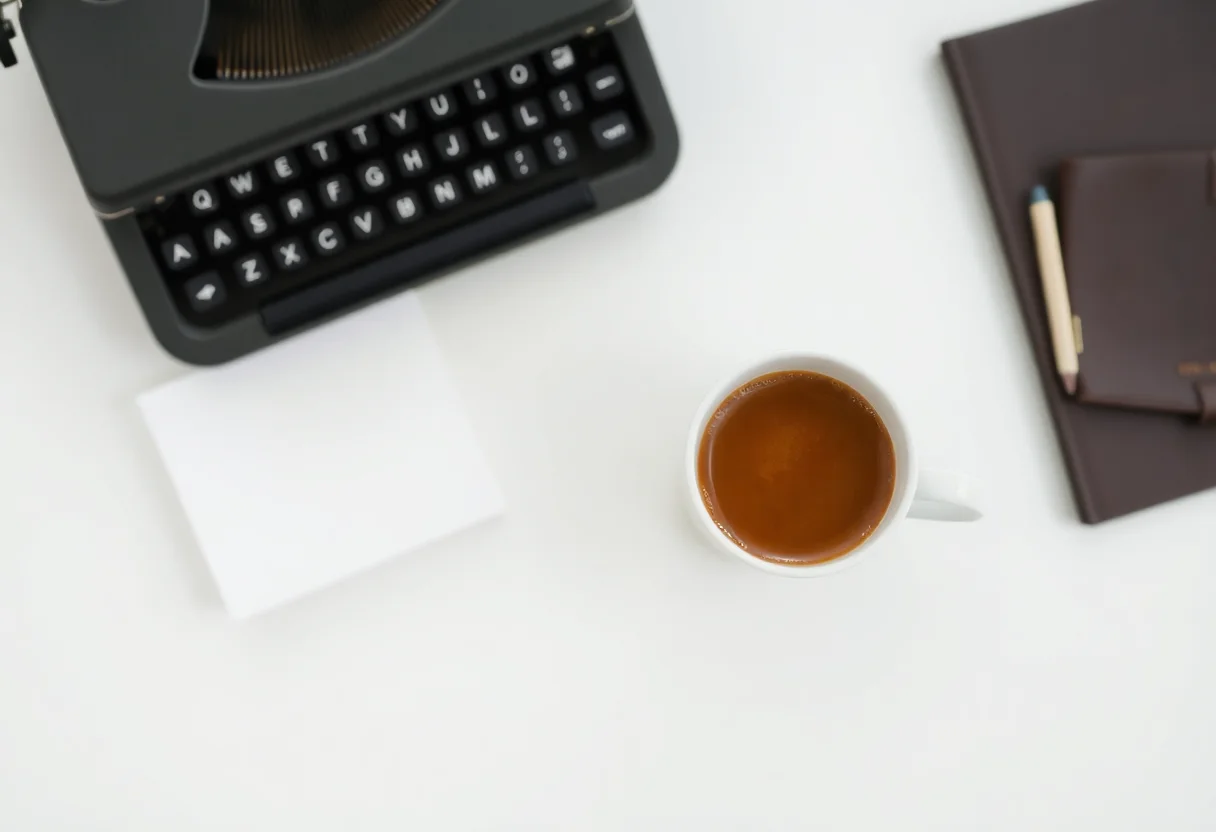 A minimalist desk setup with a typewriter and a cup of coffee, symbolizing modern Turkish poetry.