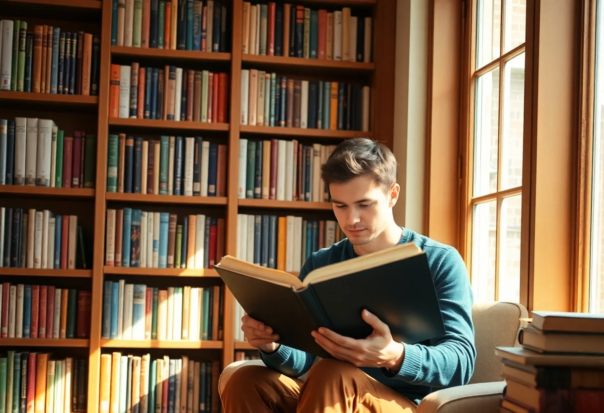 A person reading a book in a cozy, sunlit library corner