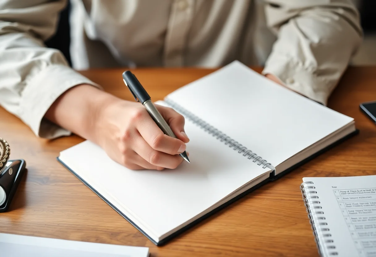 A person writing in a notebook on a wooden desk, symbolizing privacy and record-keeping.