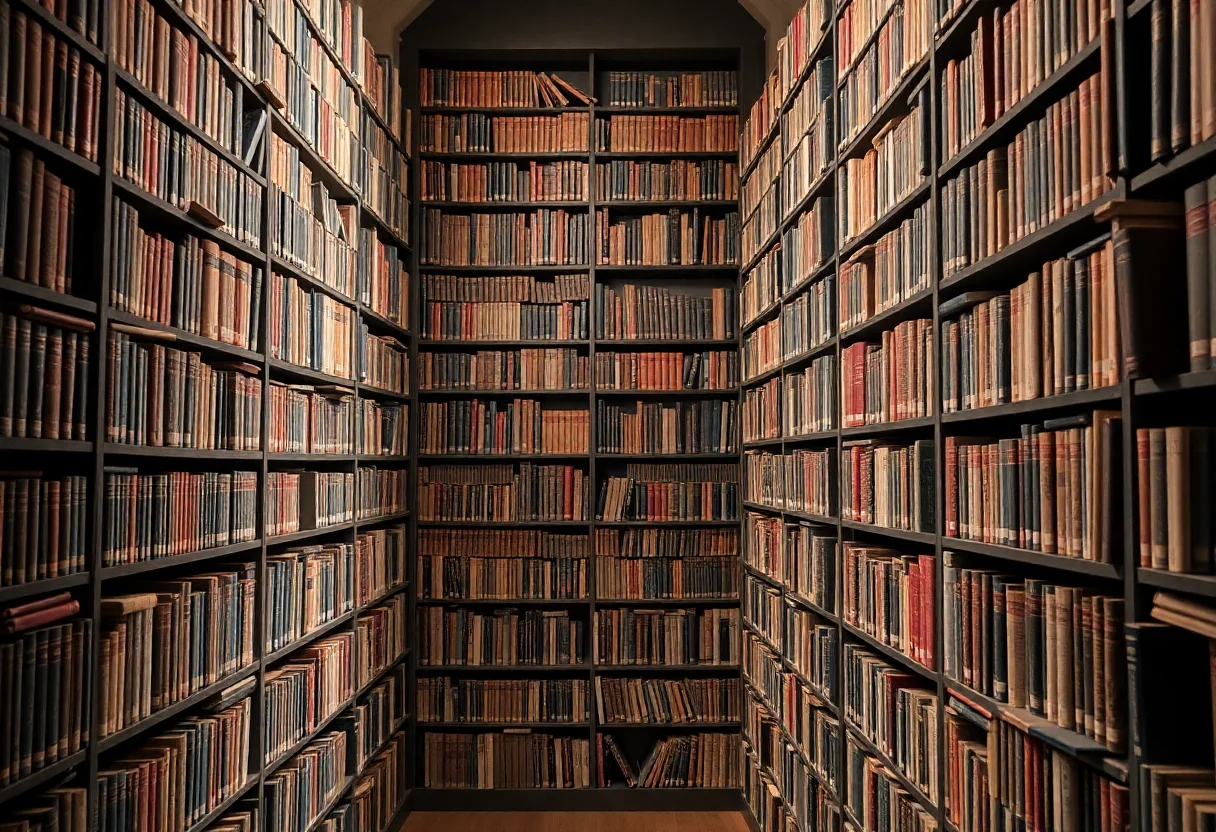 A vast library with shelves full of old books, creating a sophisticated and knowledgeable atmosphere.