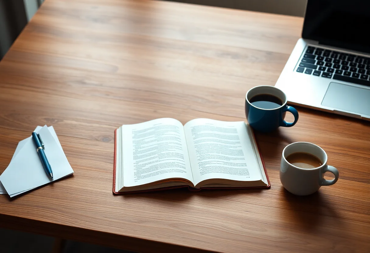 A well-lit wooden desk with an open book, a laptop, and a cup of coffee