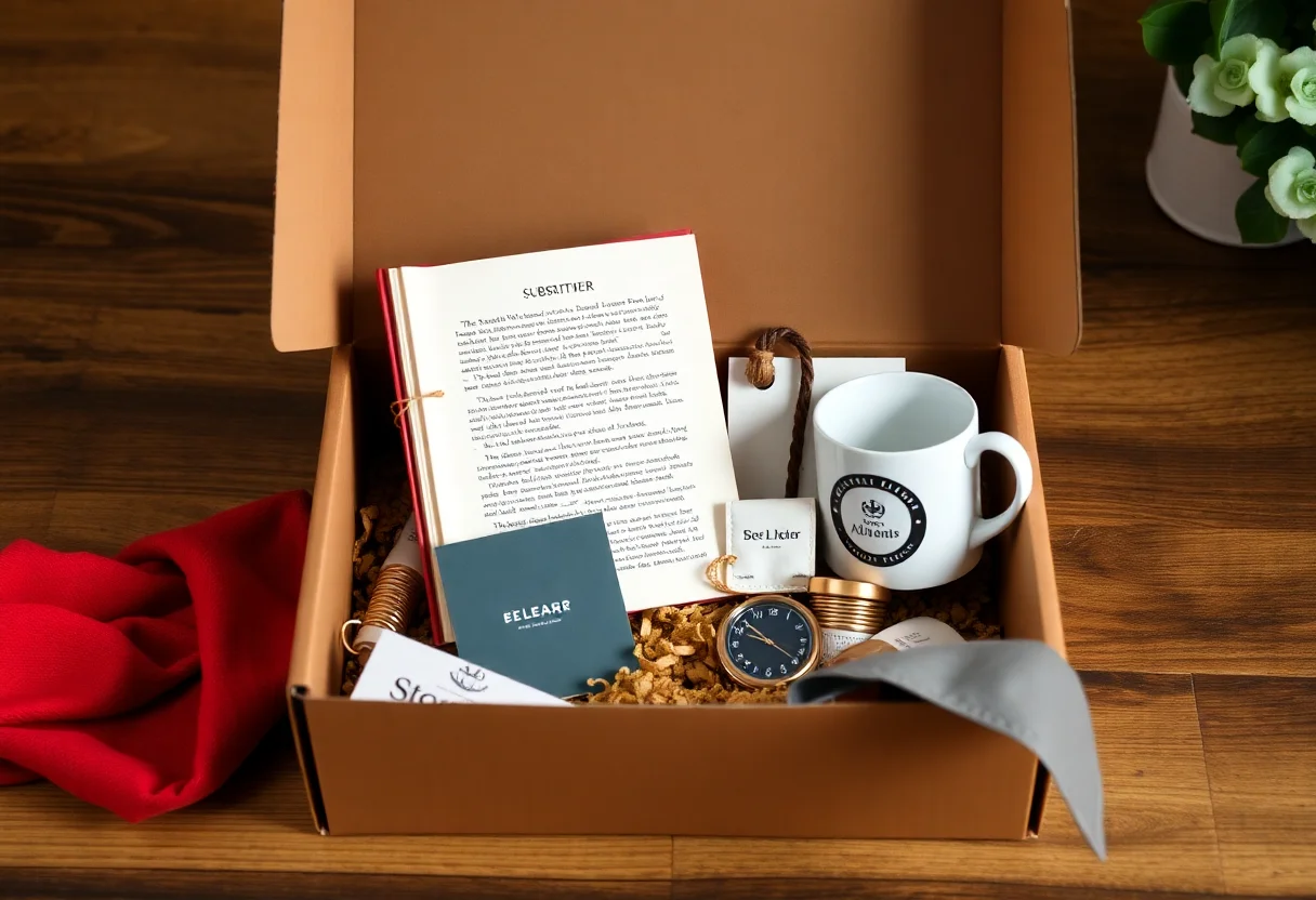 An open subscription box with a book, a coffee mug, and other curated items neatly arranged.